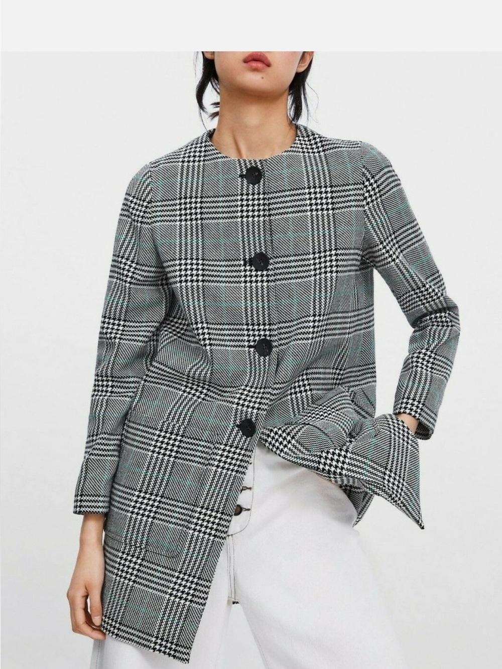 ZARA BLACK/ECRU/GREEN HOUNDSTOOTH COAT WITH ROUND NECK SIZE M - Picture 3 of 7